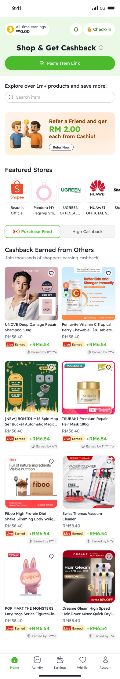 Cashiu home screen